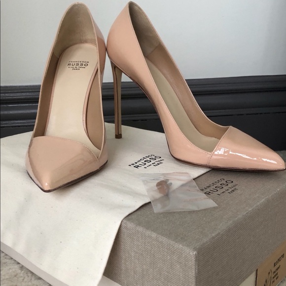BNIB FRANCESCO RUSSO ASYMMETRICAL NUDE PATENT PUMP - Picture 1 of 7